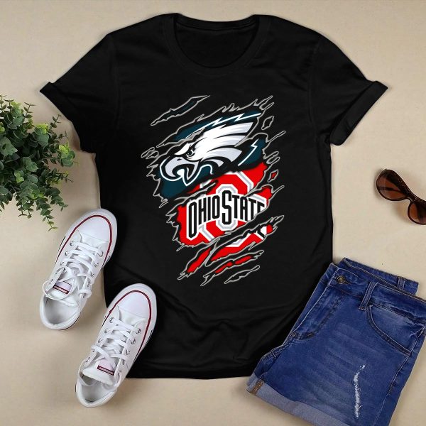 Philadelphia Eagles And Ohio State Buckeyes Fan Logo Blend T Shirt Black 1