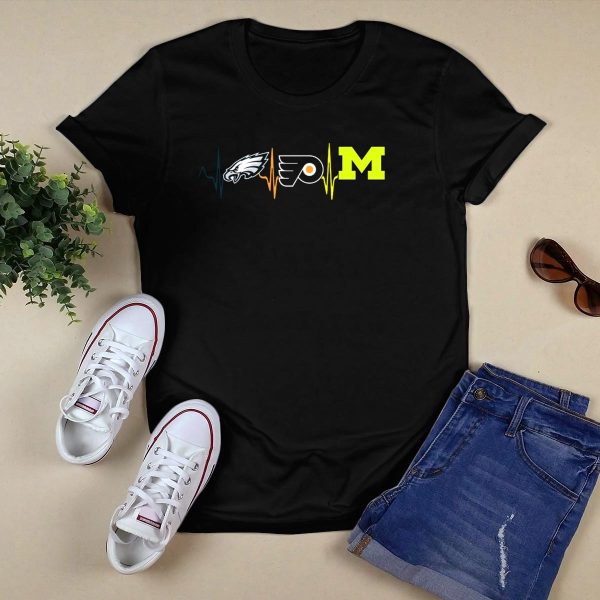 Philadelphia Eagles Flyers Michigan Wolverines Heartbeat T Shirt Black 1