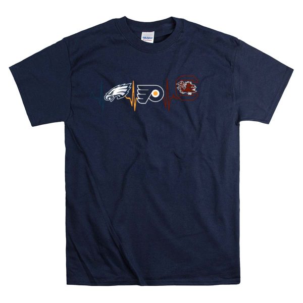 Philadelphia Eagles Flyers South Carolina Gamecocks Heartbeat Pulse T Shirt 1 Navy