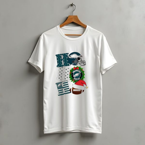 Philadelphia Eagles Ho Ho Ho Merry Christmas Football Helmet Wreath Santa Hat T Shirt t shirt 1