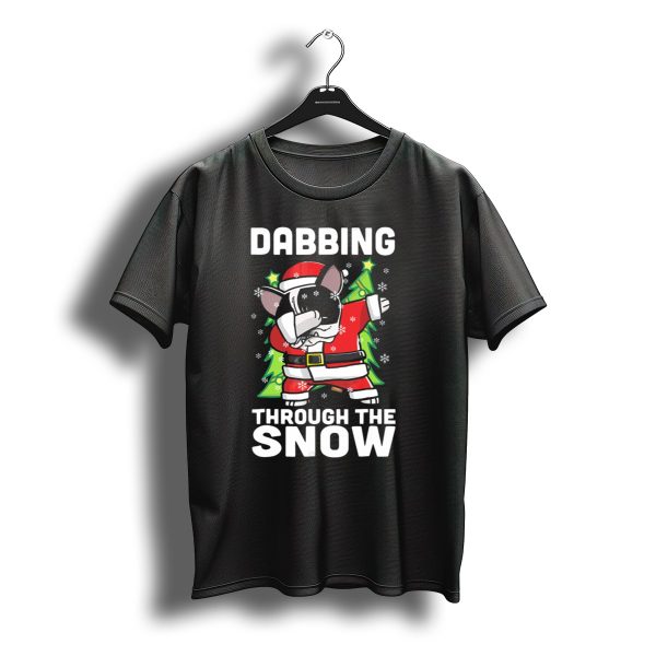 Pied French Bulldog Dabbing Through The Snow Santa Christmas T Shirt t shirt 1