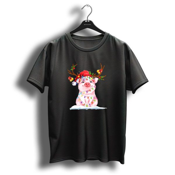 Pig Reindeer Antlers Santa Hat Christmas Lights T Shirt 1 t shirt 1