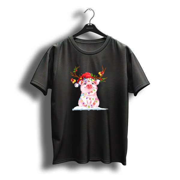Pig Reindeer Antlers Santa Hat Christmas Lights T Shirt t shirt 1