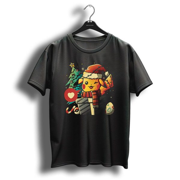 Pikachu In Santa Hat With Electric Christmas Tree And Candy Cane T Shirt 1 t shirt 1