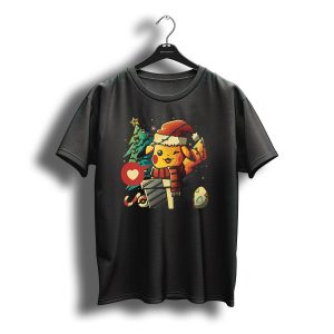 Pikachu In Santa Hat With Electric Christmas Tree And Candy Cane T-Shirt