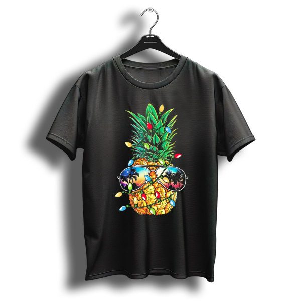 Pineapple Wrapped In Christmas Lights With Sunglasses Reflected Sunset And Palm Trees T Shirt 1 t shirt 1