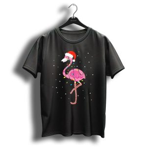 Pink Flamingo With Christmas Lights And Santa Hat In Snowy Scene T Shirt