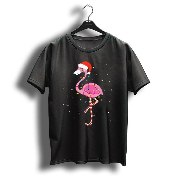 Pink Flamingo With Christmas Lights And Santa Hat In Snowy Scene T Shirt 1 t shirt 1