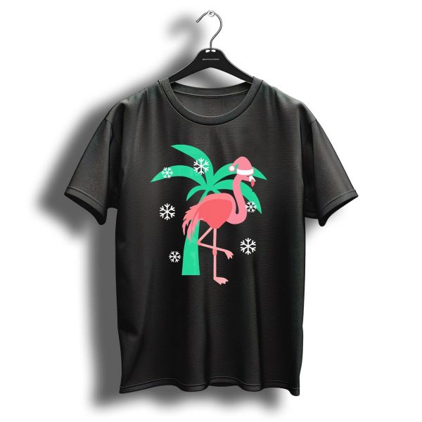 Pink Flamingo With Santa Hat And Palm Tree Snowflakes Christmas T Shirt 1 t shirt 1