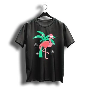 Pink Flamingo With Santa Hat And Palm Tree Snowflakes Christmas T-Shirt
