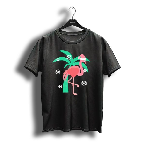 Pink Flamingo With Santa Hat And Palm Tree Snowflakes Christmas T Shirt t shirt 1
