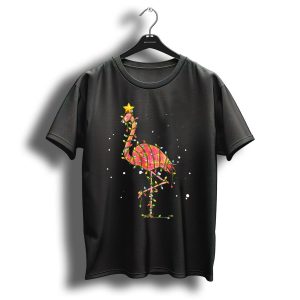 Pink Flamingo Wrapped In Festive Christmas Lights With Starry Night Background T Shirt
