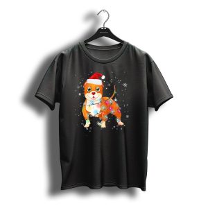 Pit Bull Puppy Santa Hat With Christmas Lights And Snowflakes T-Shirt