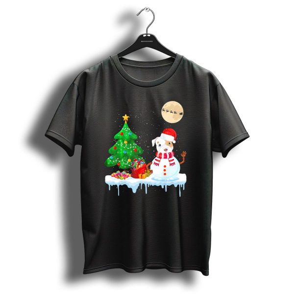 Pit Bull Snowman With Santa Hat And Christmas Tree Moon And Sleigh T Shirt 1 t shirt 1