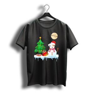 Pit Bull Snowman With Santa Hat And Christmas Tree Moon And Sleigh T-Shirt