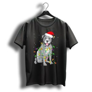 Pitbull In Santa Hat Wrapped In Christmas Lights With Snowy Background T Shirt