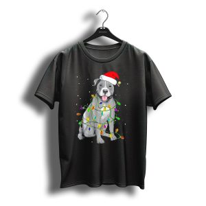 Pitbull In Santa Hat Wrapped In Christmas Lights With Snowy Background T-Shirt