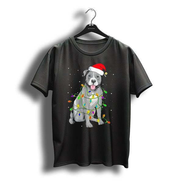 Pitbull In Santa Hat Wrapped In Christmas Lights With Snowy Background T Shirt t shirt 1