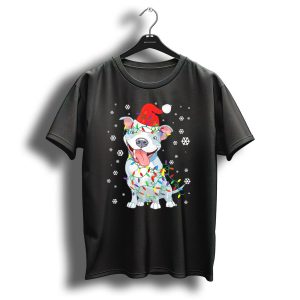 Pitbull Wrapped In Christmas Lights With Santa Hat And Snowflakes T Shirt
