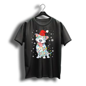 Pitbull Wrapped In Christmas Lights With Santa Hat And Snowflakes T-Shirt