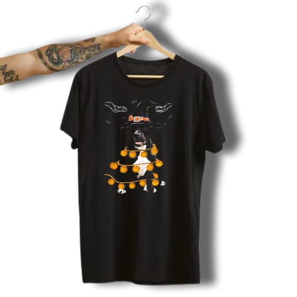 Pitbull Wrapped In Pumpkin Lights With Witch Hat And Bats Halloween T Shirt t shirt 1