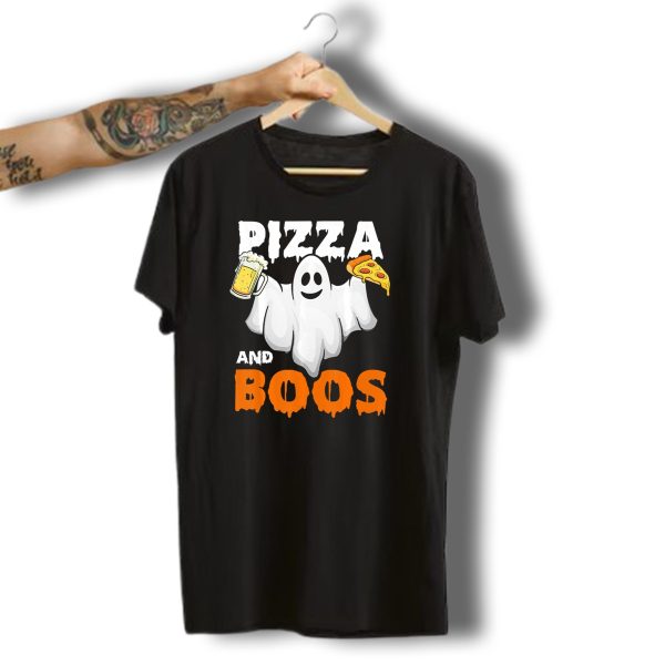 Pizza And Boos Ghost Holding Beer And Pizza Slice Halloween Funny Ghost Drinking Beer T Shirt t shirt 1 1