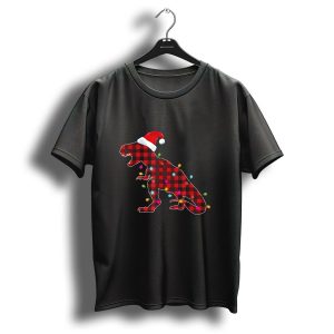 Plaid Buffalo Dinosaur With Santa Hat And Christmas Lights T Shirt