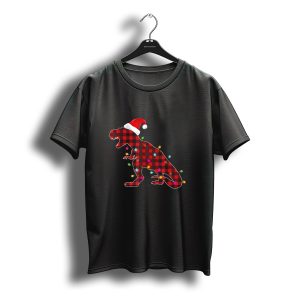 Plaid Buffalo Dinosaur With Santa Hat And Christmas Lights T-Shirt