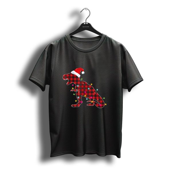 Plaid Buffalo Dinosaur With Santa Hat And Christmas Lights T Shirt t shirt 1