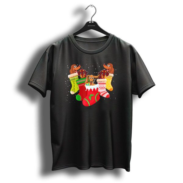 Playful Dachshunds In Colorful Christmas Socks Festive Humor T Shirt 1 t shirt 1