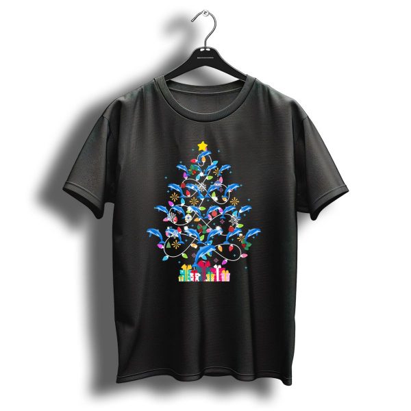 Playful Dolphins Decorating Christmas Tree With Festive Holiday Lights T Shirt 1 t shirt 1