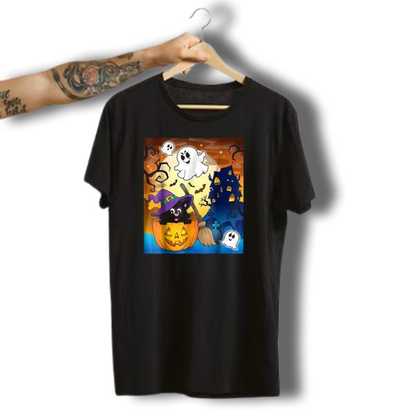 Playful Halloween Cat With Ghosts And Haunted House T Shirt t shirt 1