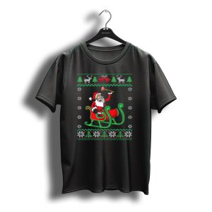 Plumber Santa Claus Riding Sleigh Holding Plunger Ugly Christmas T-Shirt