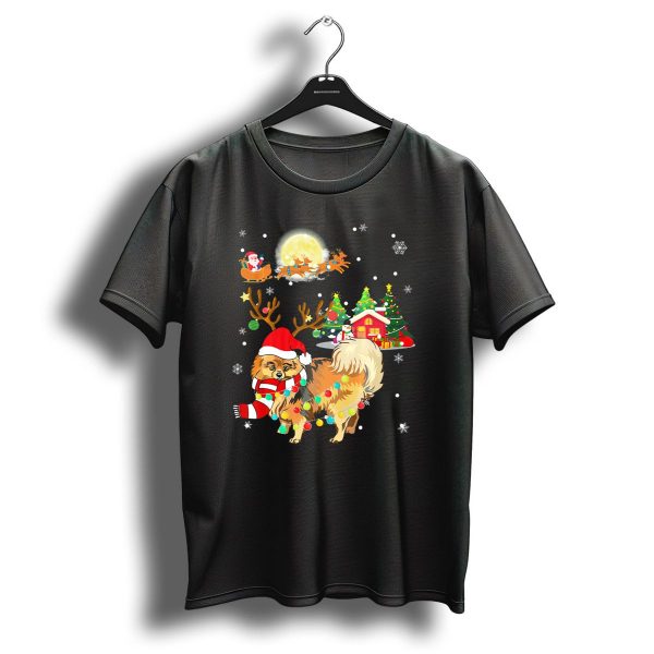 Pomeranian Christmas Santa Reindeer Lights Holiday Scene T Shirt 1 t shirt 1