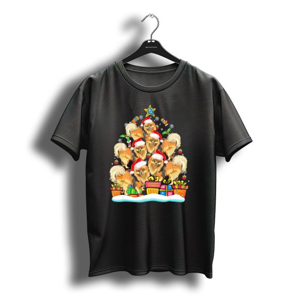 Pomeranian Dogs With Santa Hats Forming A Christmas Tree With Gifts And T Shirt t shirt 1