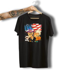 Pomeranian Halloween Dog With Witch Hat And Candy Over American Flag T-Shirt