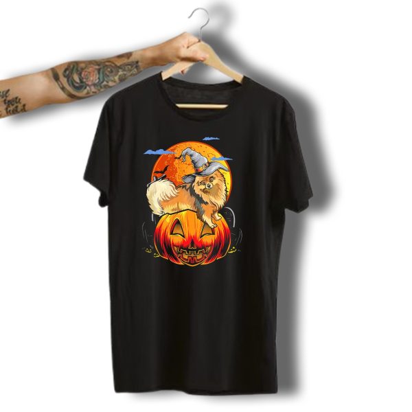Pomeranian Halloween Pumpkin Witch Hat Moon And Bats T Shirt t shirt 1