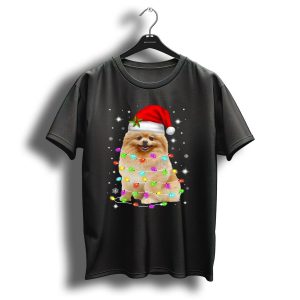 Pomeranian Pup Wrapped In Christmas Lights With Santa Hat And Festive Glow T Shirt