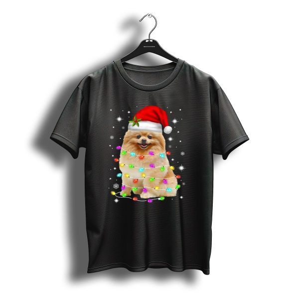 Pomeranian Pup Wrapped In Christmas Lights With Santa Hat And Festive Glow T Shirt t shirt 1