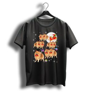 Pomeranian Reindeer Christmas Santa Sleigh Snowflakes T Shirt
