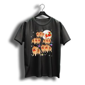 Pomeranian Reindeer Christmas Santa Sleigh Snowflakes T-Shirt