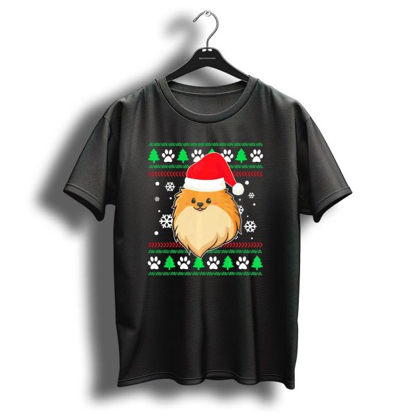 Pomeranian Santa Hat Ugly Christmas Sweater Snowflakes Trees Paws T Shirt 1 t shirt 1