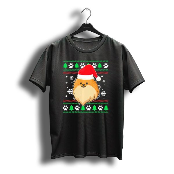 Pomeranian Santa Hat Ugly Christmas Sweater Snowflakes Trees Paws T Shirt t shirt 1