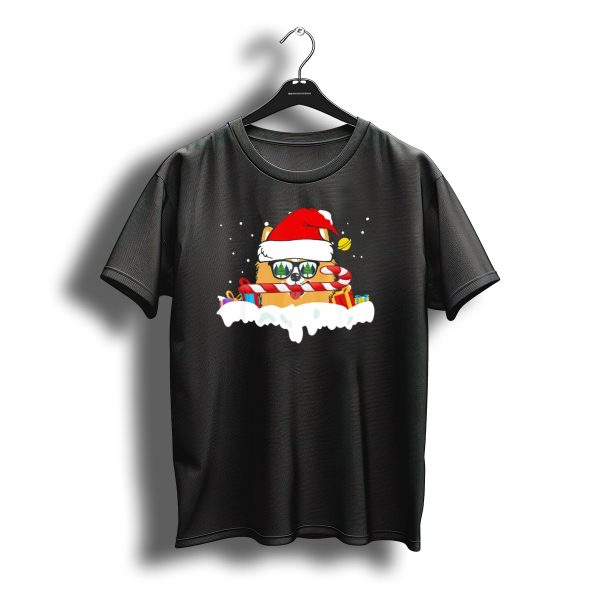 Pomeranian Santa With Candy Cane And Christmas Gifts Snow Scene T Shirt t shirt 1