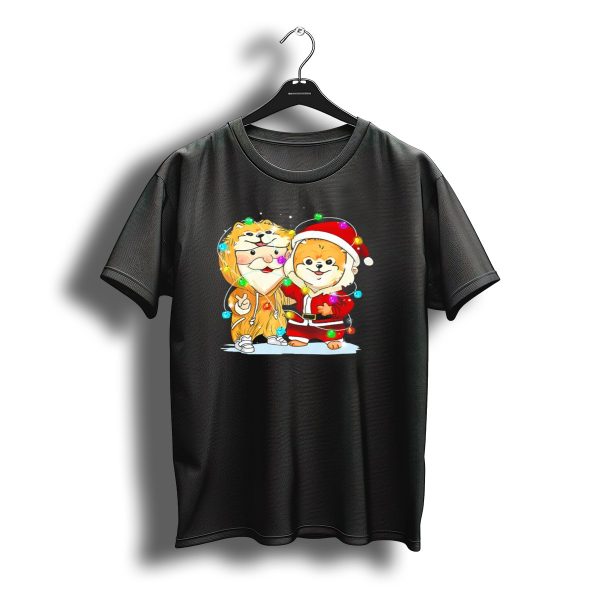 Pomeranian Wearing Santa Suit With Christmas Lights And Santa Companion T Shirt t shirt 1