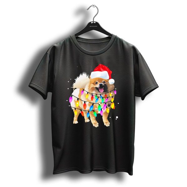 Pomeranian With Santa Hat And Colorful Christmas Lights T Shirt 1 t shirt 1