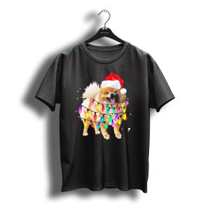 Pomeranian With Santa Hat And Colorful Christmas Lights T-Shirt