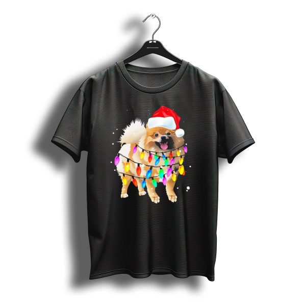 Pomeranian With Santa Hat And Colorful Christmas Lights T Shirt t shirt 1
