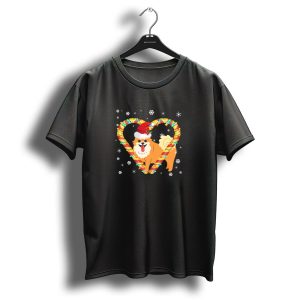 Pomeranian With Santa Hat In Candy Cane Heart And Snowflakes Christmas Light T Shirt