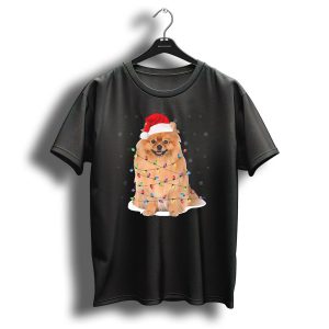 Pomeranian Wrapped In Christmas Lights With Santa Hat And Snowflakes T Shirt